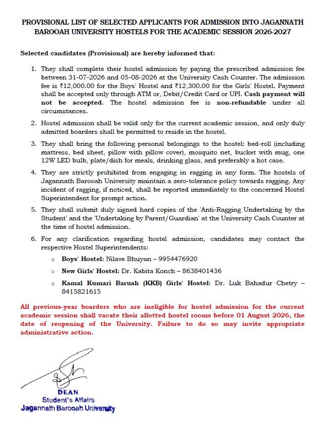 Provisional list of selected applicants for hostel admission 2026 2027
